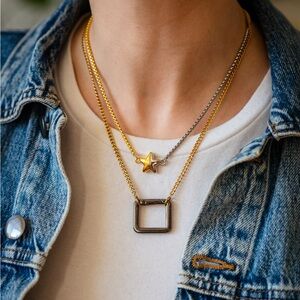 Square Minimalist Two Tone Silver Gold Gunmetal Carabiner Cuban Chain Necklace